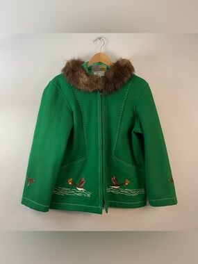 Vintage Canadian Eskimo Virgin Wool Artisan Embroidered Fur Hood Jacket Size 14